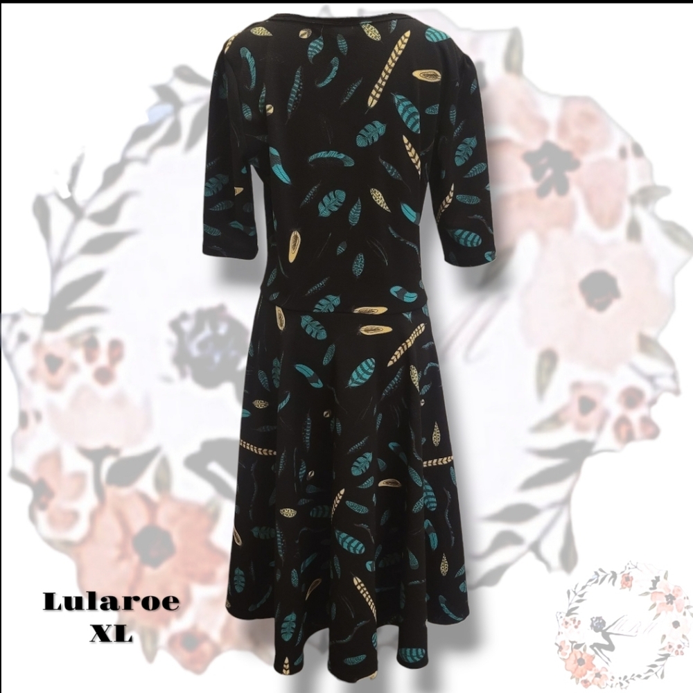 LuLaRoe Black Dress with Turquoise and Gold Feather Pattern. Fit Flare XL - Picture 4 of 5